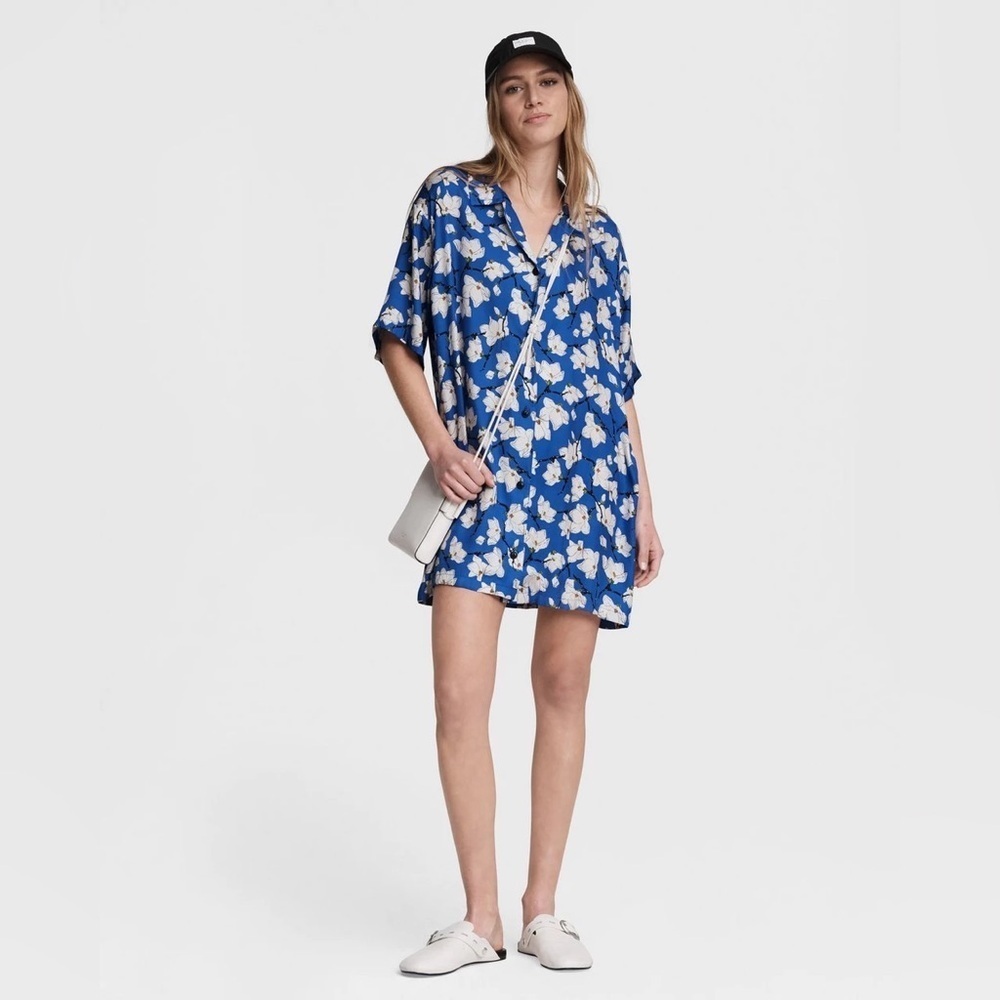 Rag & Bone Reed Silk Blend Mini Shirt Dress in Blue Floral - Picture 13 of 13